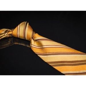 Robert Talbott 100% Silk Tie Yellow Orange Brown Striped Mens Designer Necktie